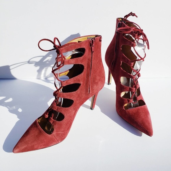 Booties Rust Wine Suede Lace Up Cage Gladiator Heels Sz 9.5 BIANCA DI - Picture 6 of 10